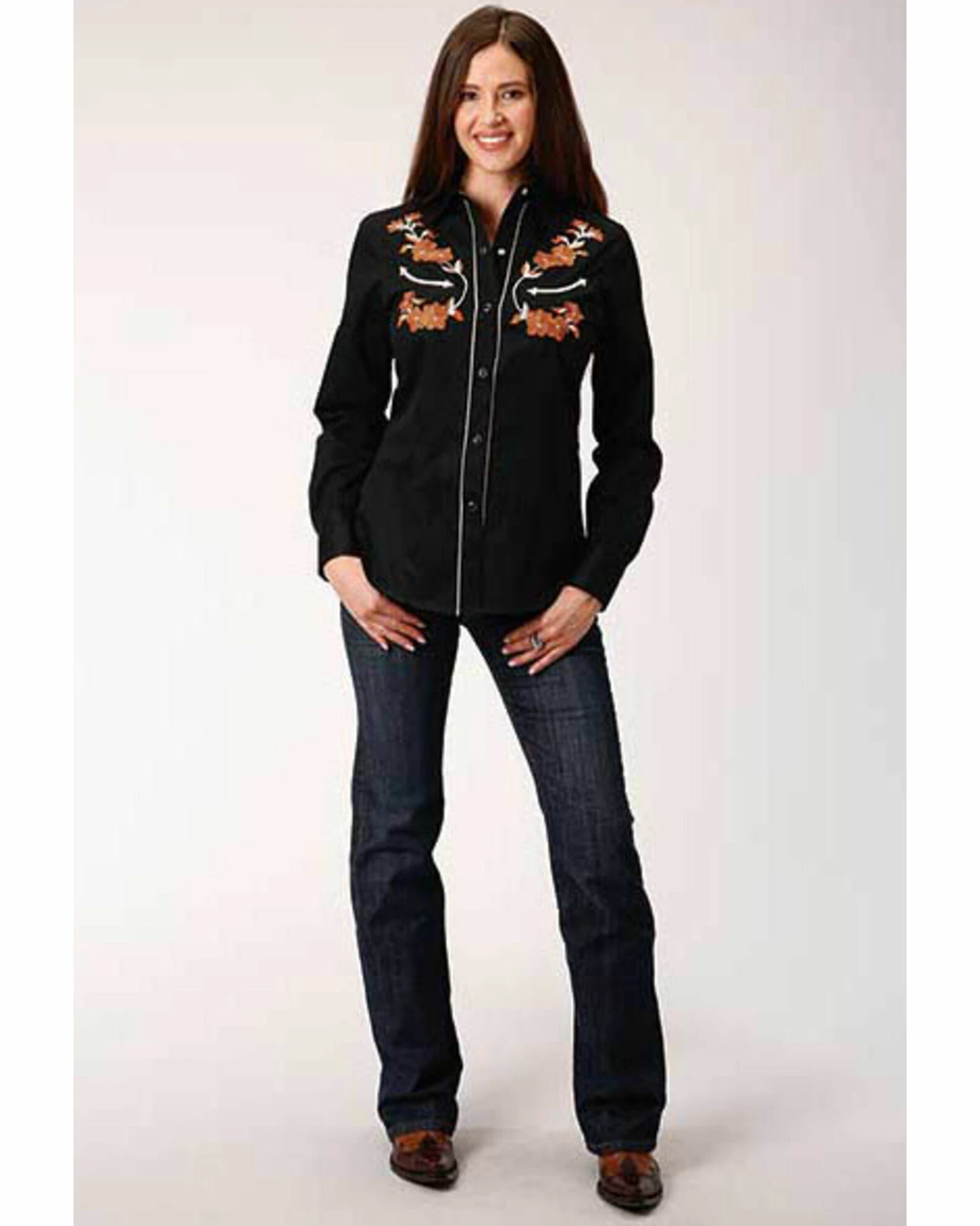 Roper Old West Women's Black Brown Floral Embroidered Long Sleeve Western Shirt 5 Roper Old West Women's Black Brown Floral Embroidered Long Sleeve Western Shirt - Image 3