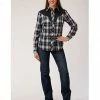 Roper Women's Plaid Star Embroidered Long Sleeve Snap Western Shirt Black