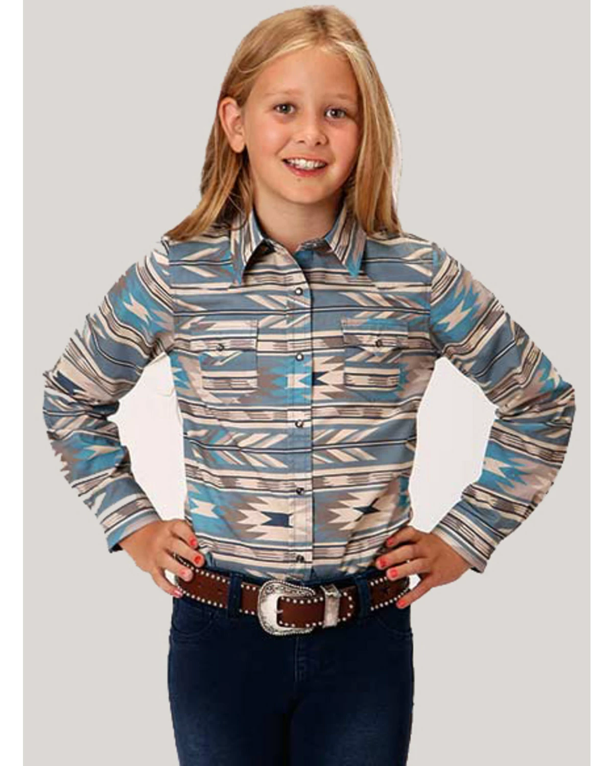 Roper West Made Girls' Turquoise Southwestern Print Long Sleeve Western Shirt 6 Roper West Made Girls' Turquoise Southwestern Print Long Sleeve Western Shirt - Image 4