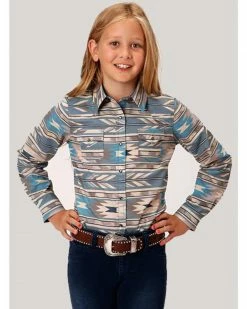 Roper West Made Girls' Turquoise Southwestern Print Long Sleeve Western Shirt  