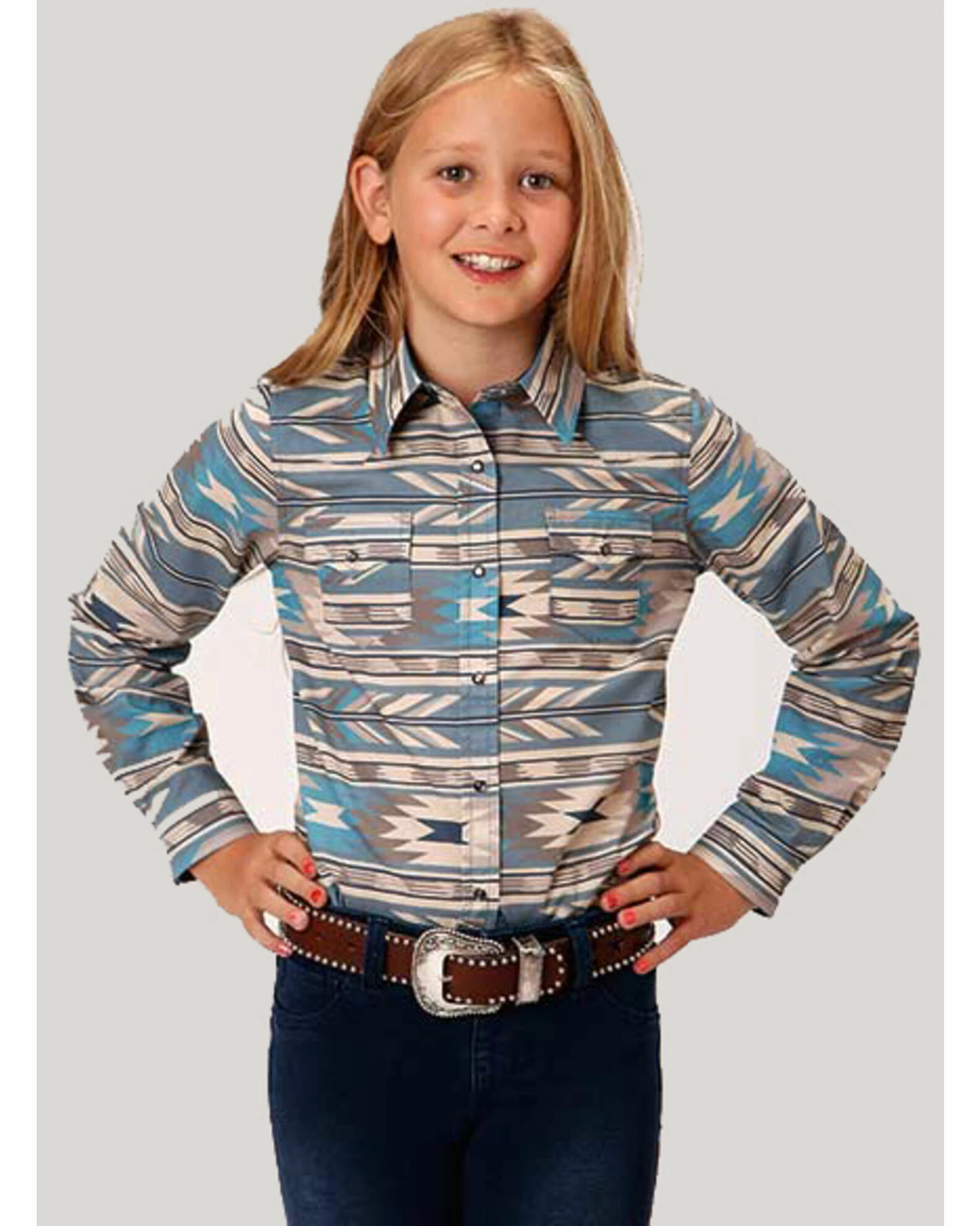 Roper West Made Girls' Turquoise Southwestern Print Long Sleeve Western Shirt 3 Roper West Made Girls' Turquoise Southwestern Print Long Sleeve Western Shirt