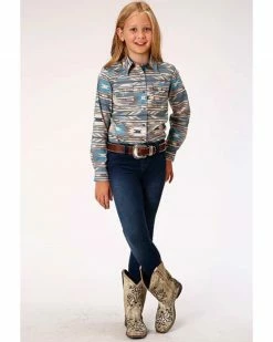 Roper West Made Girls' Turquoise Southwestern Print Long Sleeve Western Shirt 8 Roper West Made Girls' Turquoise Southwestern Print Long Sleeve Western Shirt -Roper Shop 2000326148 440 P3