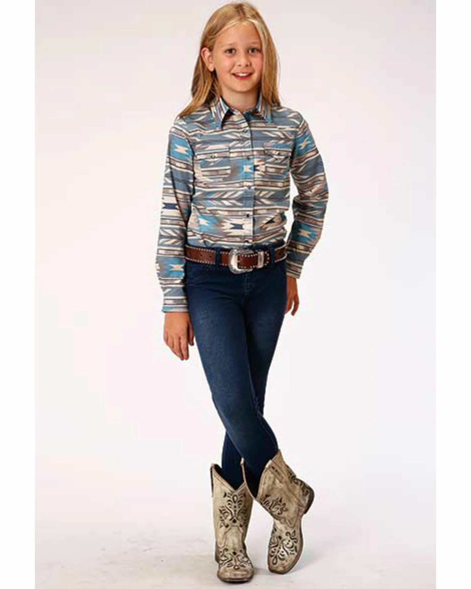 Roper West Made Girls' Turquoise Southwestern Print Long Sleeve Western Shirt 5 Roper West Made Girls' Turquoise Southwestern Print Long Sleeve Western Shirt - Image 3