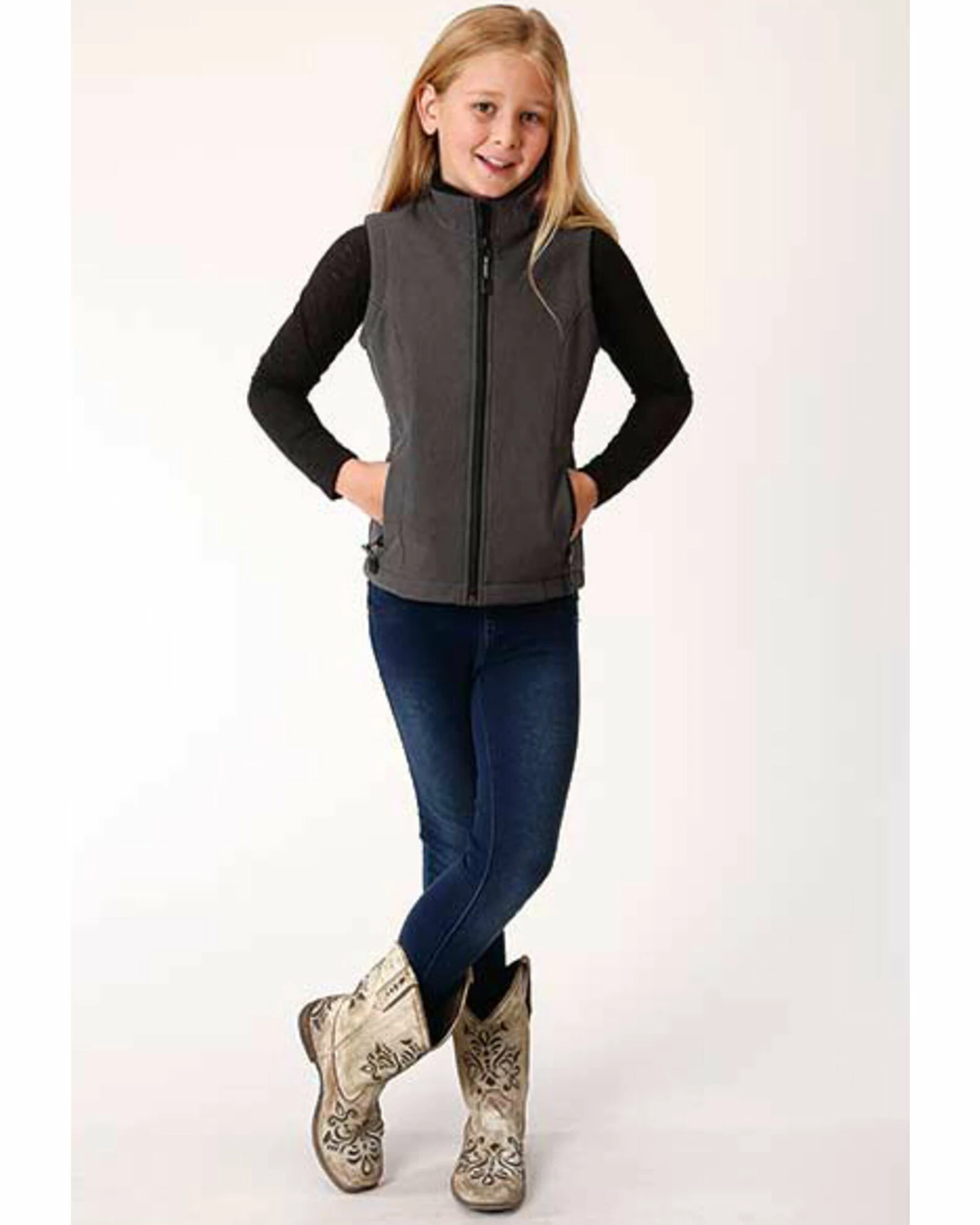 Roper Girls' Grey Softshell Fleece Vest Charcoal 5 Roper Girls' Grey Softshell Fleece Vest Charcoal - Image 3