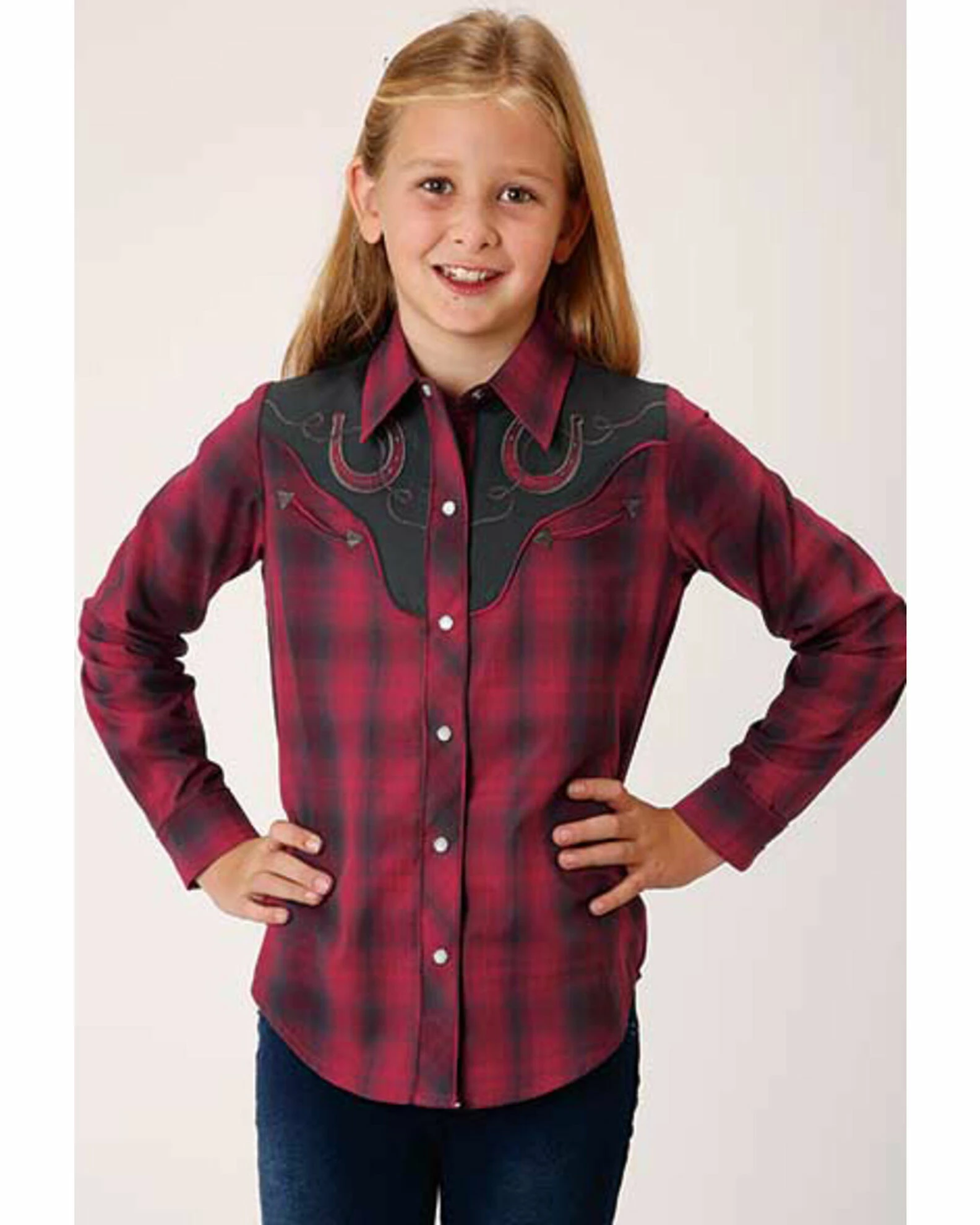 Roper Girls' Red Plaid Horseshoe Long Sleeve Western Shirt 3 Roper Girls' Red Plaid Horseshoe Long Sleeve Western Shirt