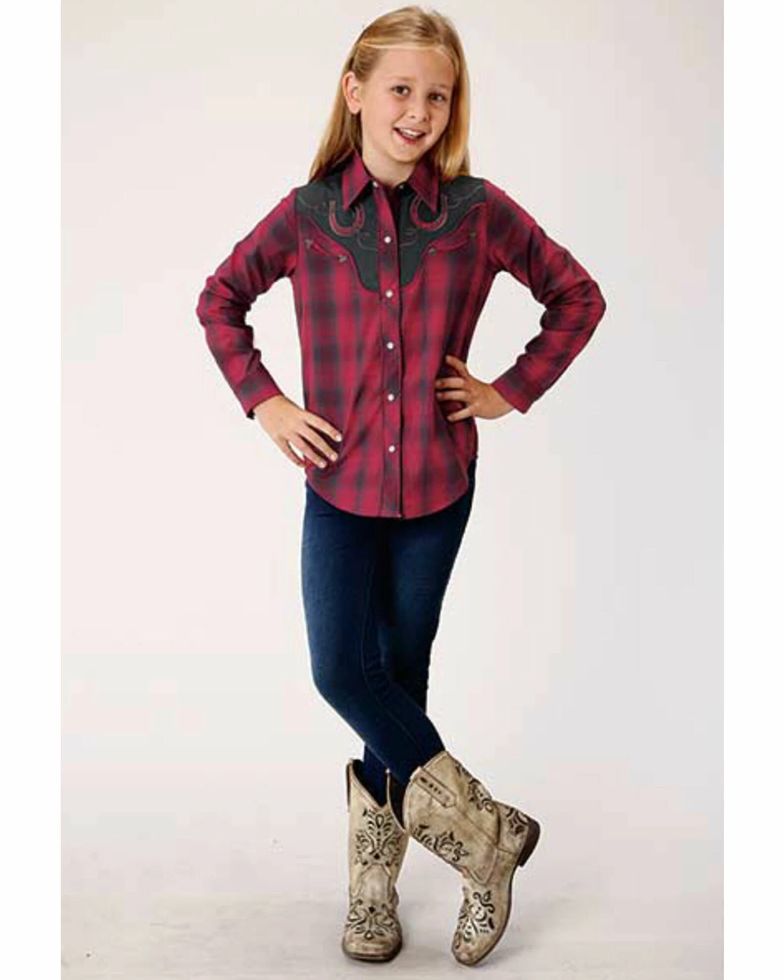 Roper Girls' Red Plaid Horseshoe Long Sleeve Western Shirt 5 Roper Girls' Red Plaid Horseshoe Long Sleeve Western Shirt - Image 3