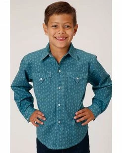 Roper Boys' West Made Turquoise Two Tone Geo Print Long Sleeve Western Shirt