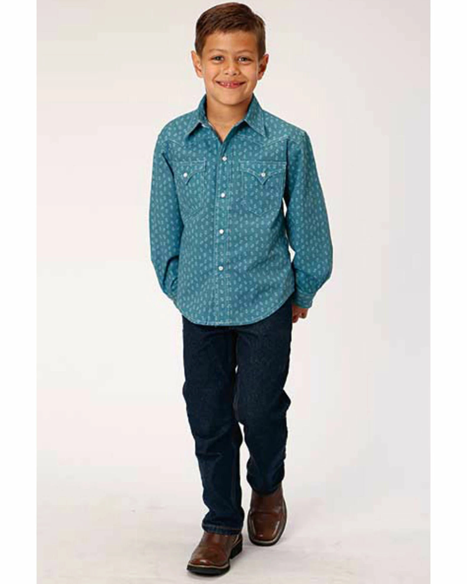 Roper Boys' West Made Turquoise Two Tone Geo Print Long Sleeve Western Shirt 5 Roper Boys' West Made Turquoise Two Tone Geo Print Long Sleeve Western Shirt - Image 3