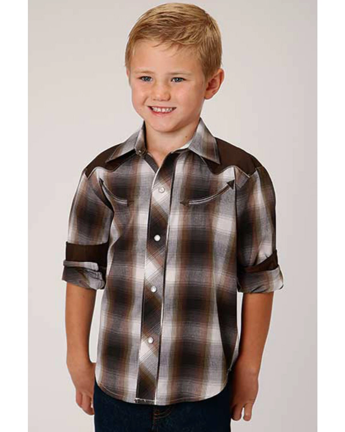 Roper Boys' Brown Plaid Retro Fancy Yoke Long Sleeve Western Shirt 6 Roper Boys' Brown Plaid Retro Fancy Yoke Long Sleeve Western Shirt - Image 4
