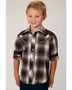 Roper Boys' Brown Plaid Retro Fancy Yoke Long Sleeve Western Shirt