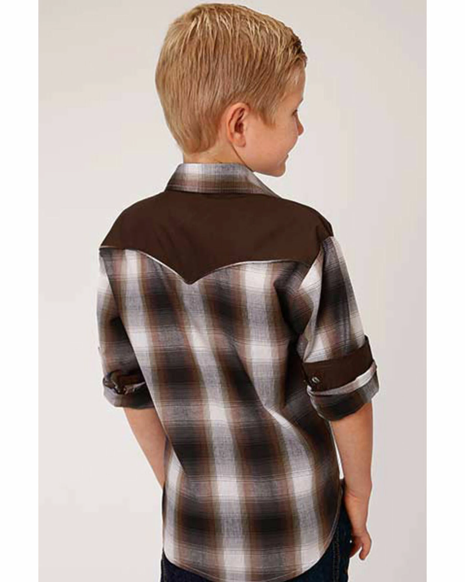 Roper Boys' Brown Plaid Retro Fancy Yoke Long Sleeve Western Shirt 4 Roper Boys' Brown Plaid Retro Fancy Yoke Long Sleeve Western Shirt - Image 2