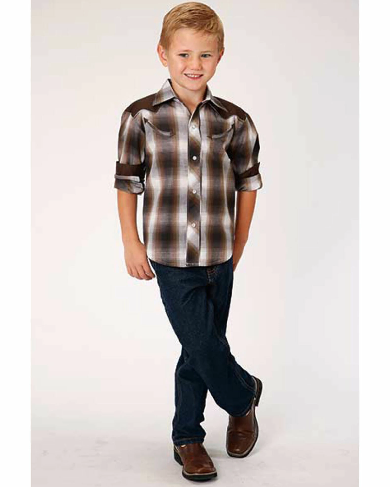 Roper Boys' Brown Plaid Retro Fancy Yoke Long Sleeve Western Shirt 5 Roper Boys' Brown Plaid Retro Fancy Yoke Long Sleeve Western Shirt - Image 3