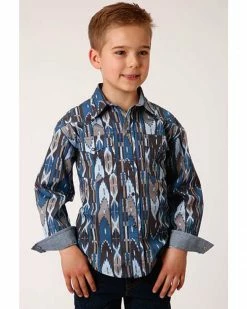 Roper Boys' West Made Midnight Southwestern Print Long Sleeve Western Shirt  Blue -Roper Shop 2000326199 400 P1 1