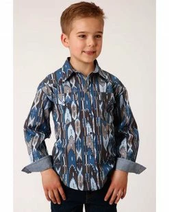 Roper Boys' West Made Midnight Southwestern Print Long Sleeve Western Shirt Blue