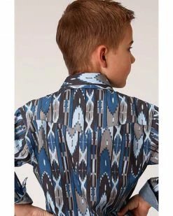 Roper Boys' West Made Midnight Southwestern Print Long Sleeve Western Shirt  Blue -Roper Shop 2000326199 400 P2