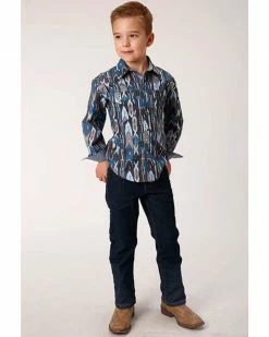Roper Boys' West Made Midnight Southwestern Print Long Sleeve Western Shirt  Blue -Roper Shop 2000326199 400 P3