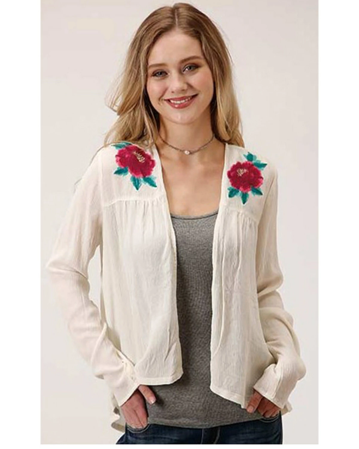 Roper Women's White Floral Embroidered Knit Cardigan Ivory 4 Roper Women's White Floral Embroidered Knit Cardigan Ivory - Image 3
