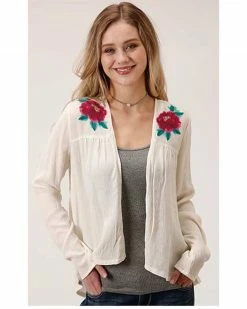 Roper Women's White Floral Embroidered Knit Cardigan Ivory