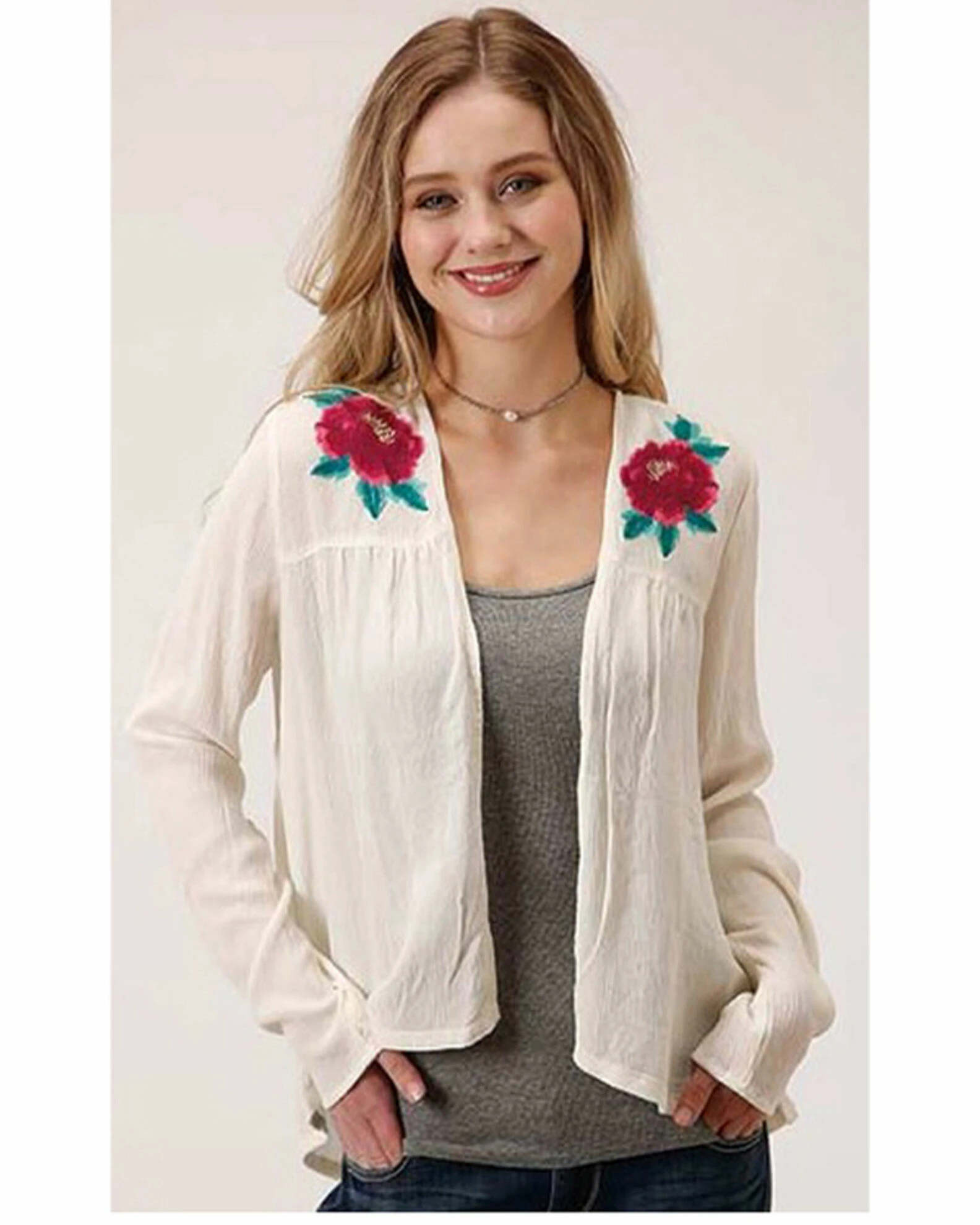 Roper Women's White Floral Embroidered Knit Cardigan Ivory 2 Roper Women's White Floral Embroidered Knit Cardigan Ivory