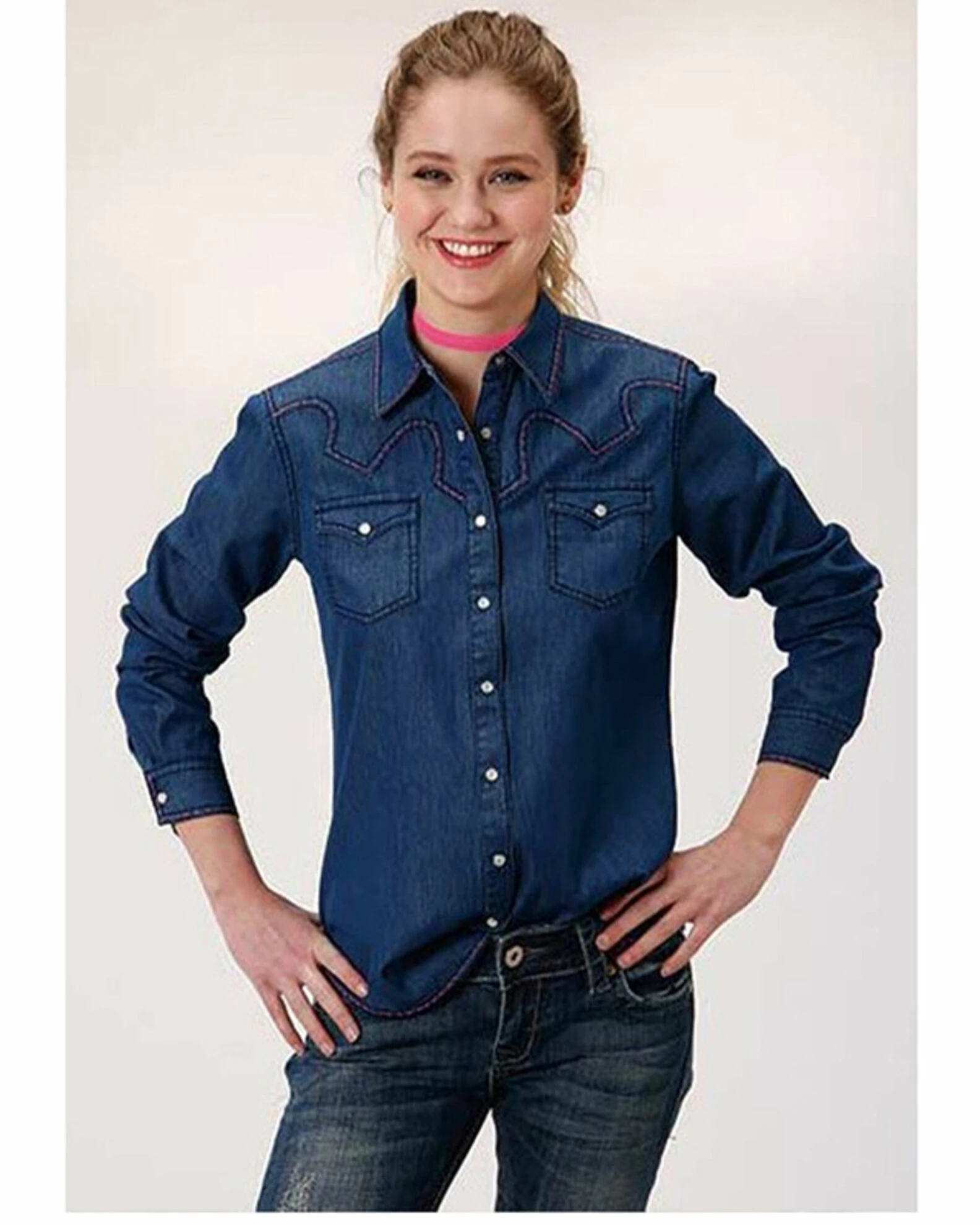 Roper Women's Medium Wash Contrast Yoke Long Sleeve Western Shirt Blue 3 Roper Women's Medium Wash Contrast Yoke Long Sleeve Western Shirt Blue