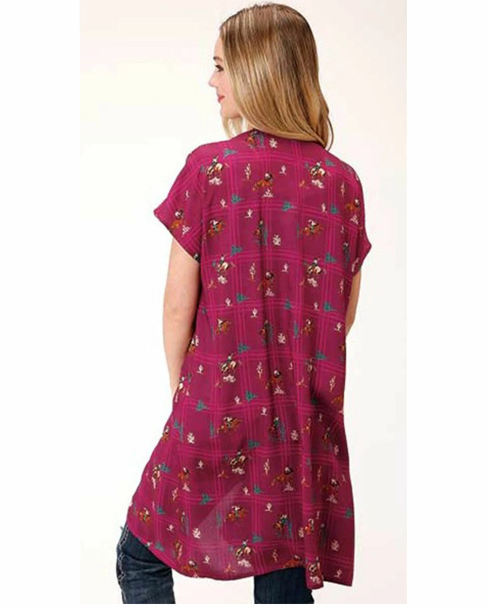 Roper Women's Pink Retro Cowboy Print Kimono Dark Pink 3 Roper Women's Pink Retro Cowboy Print Kimono Dark Pink - Image 2