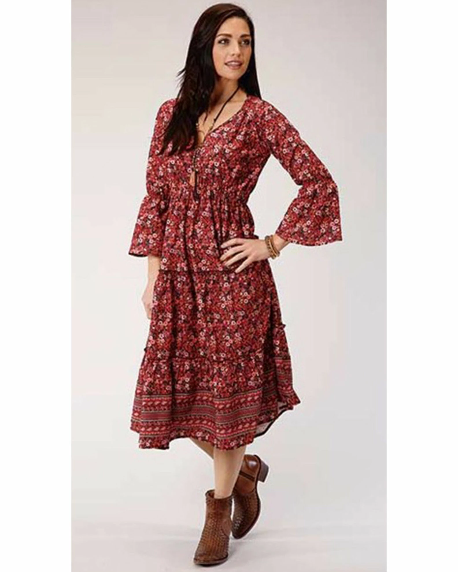 Roper Studio West Women's Red Tiered Floral Prairie Dress 3 Roper Studio West Women's Red Tiered Floral Prairie Dress