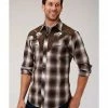 Roper Men's Brown Plaid Fancy Applique Long Sleeve Western Shirt  Burgundy -Roper Shop 2000327664 640 P1
