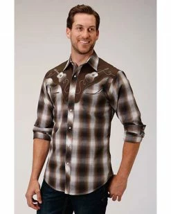 Roper Men's Brown Plaid Fancy Applique Long Sleeve Western Shirt  Burgundy