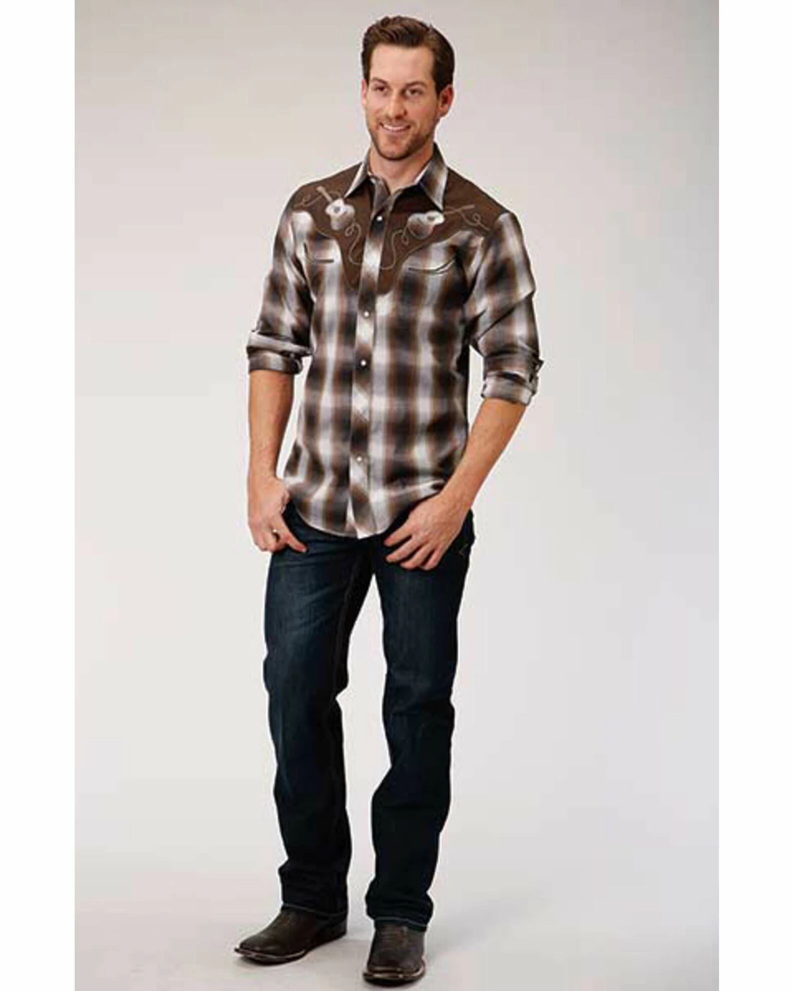 Roper Men's Brown Plaid Fancy Applique Long Sleeve Western Shirt Burgundy 5 Roper Men's Brown Plaid Fancy Applique Long Sleeve Western Shirt Burgundy - Image 3