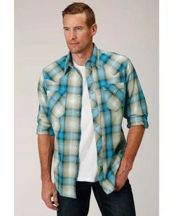 Roper West Made Men's Tide Pool Dobby Plaid Long Sleeve Western Shirt Blue