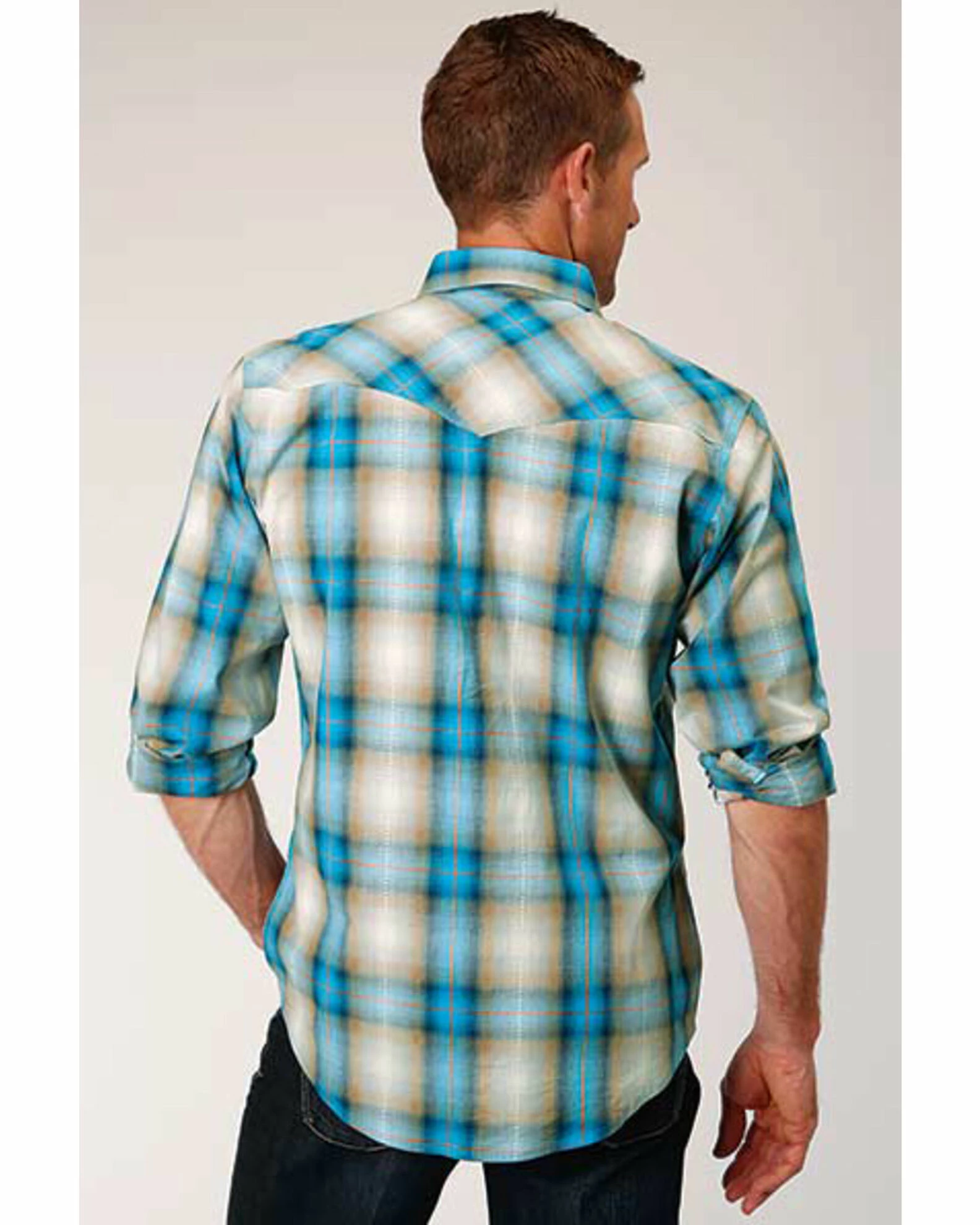 Roper West Made Men's Tide Pool Dobby Plaid Long Sleeve Western Shirt Blue 4 Roper West Made Men's Tide Pool Dobby Plaid Long Sleeve Western Shirt Blue - Image 2