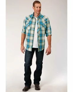 Roper West Made Men's Tide Pool Dobby Plaid Long Sleeve Western Shirt Blue 8 Roper West Made Men's Tide Pool Dobby Plaid Long Sleeve Western Shirt Blue -Roper Shop 2000328054 400 P3