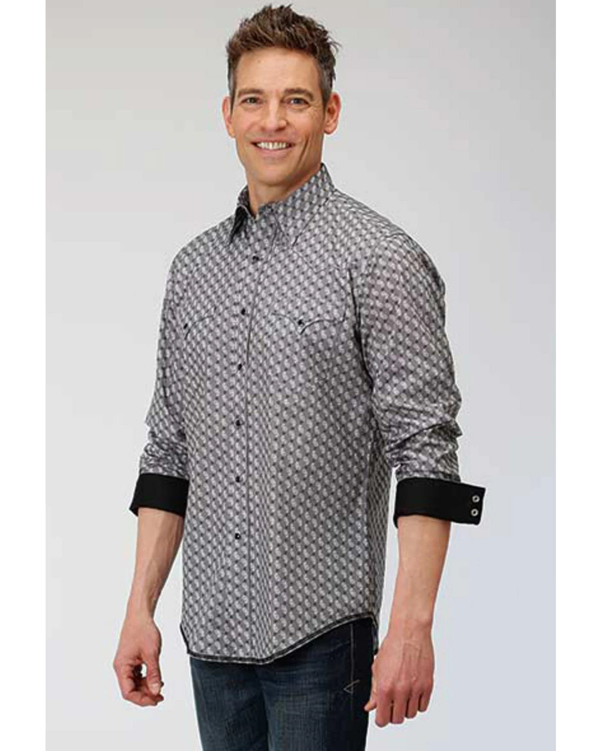 Roper West Made Men's Neat Paisley Print Long Sleeve Western Shirt Grey 5 Roper West Made Men's Neat Paisley Print Long Sleeve Western Shirt Grey - Image 3