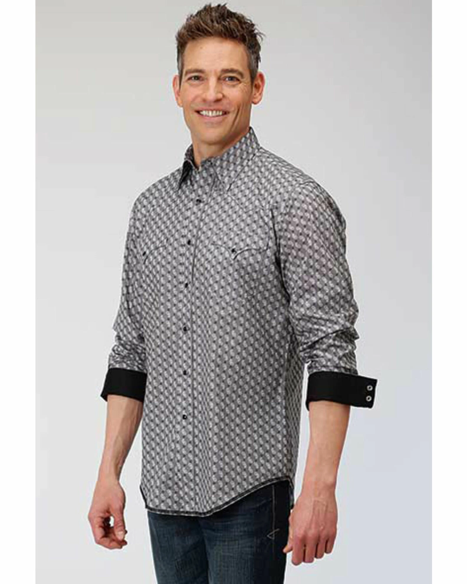 Roper West Made Men's Neat Paisley Print Long Sleeve Western Shirt Grey 3 Roper West Made Men's Neat Paisley Print Long Sleeve Western Shirt Grey