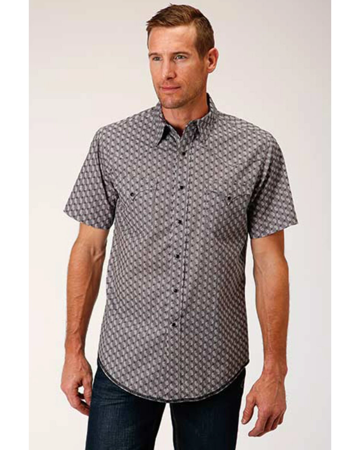 Roper West Made Men's Neat Paisley Print Short Sleeve Western Shirt Grey 5 Roper West Made Men's Neat Paisley Print Short Sleeve Western Shirt Grey - Image 3