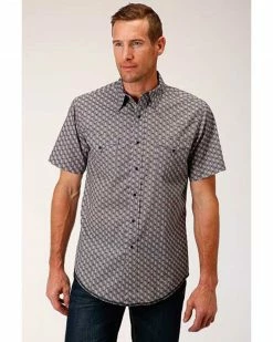 Roper West Made Men's Neat Paisley Print Short Sleeve Western Shirt Grey
