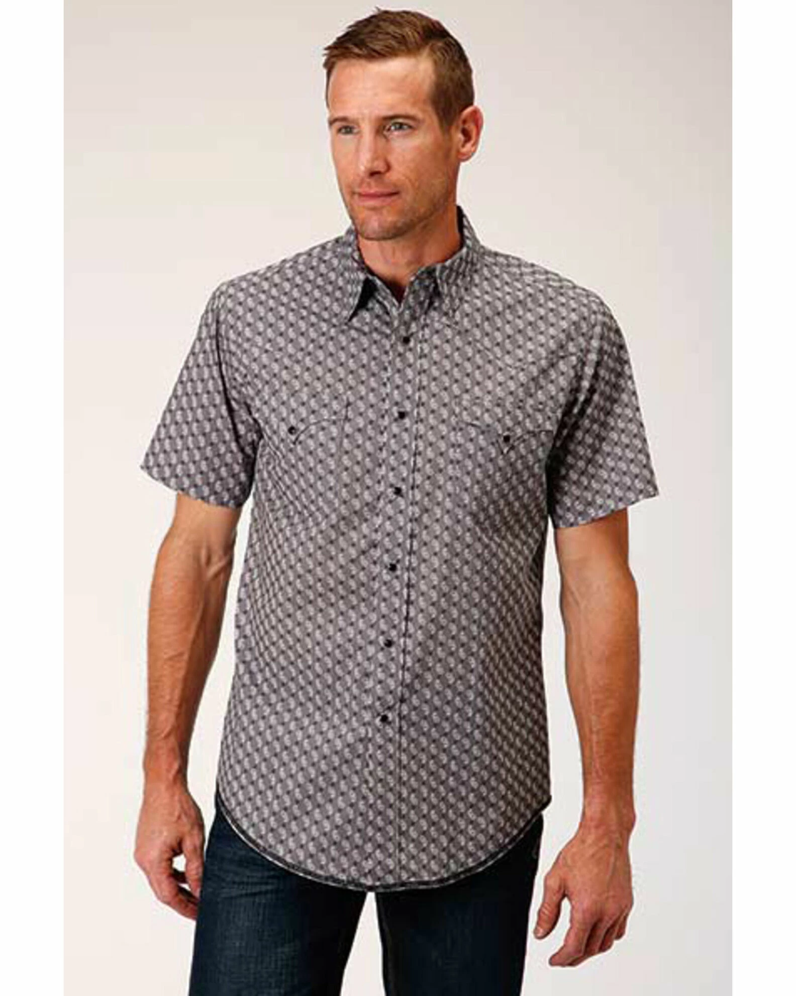 Roper West Made Men's Neat Paisley Print Short Sleeve Western Shirt Grey 3 Roper West Made Men's Neat Paisley Print Short Sleeve Western Shirt Grey