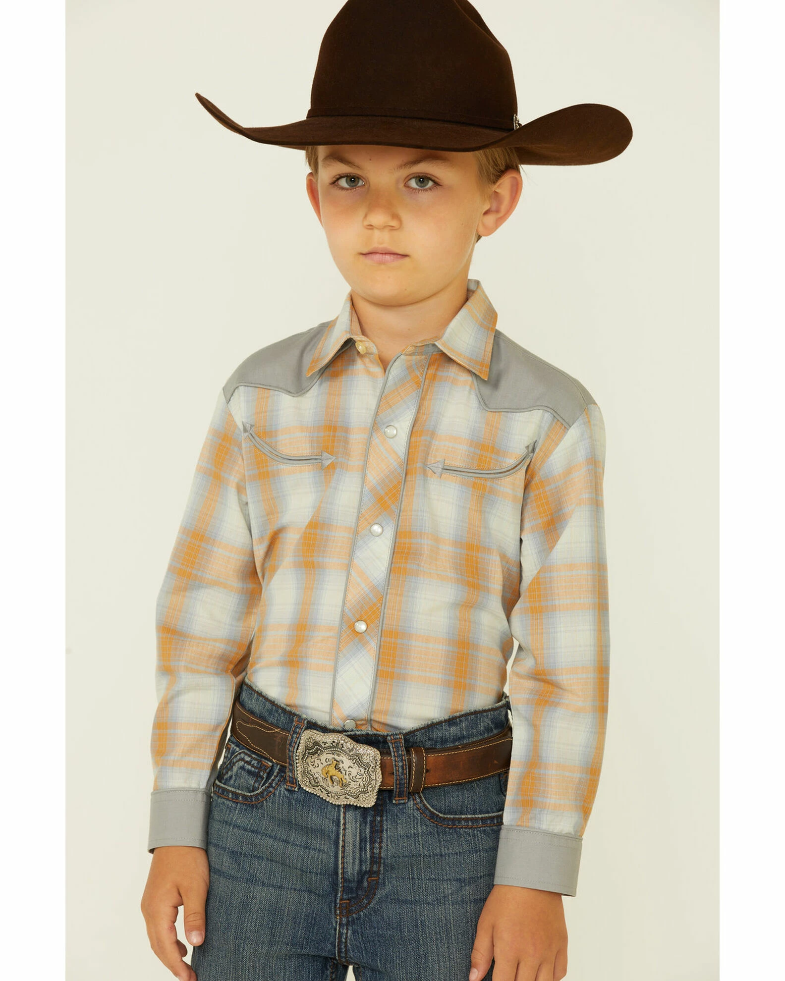 Roper Boys' Orange Plaid Contrast Yoke Long Sleeve Snap Western Shirt Grey 3 Roper Boys' Orange Plaid Contrast Yoke Long Sleeve Snap Western Shirt Grey