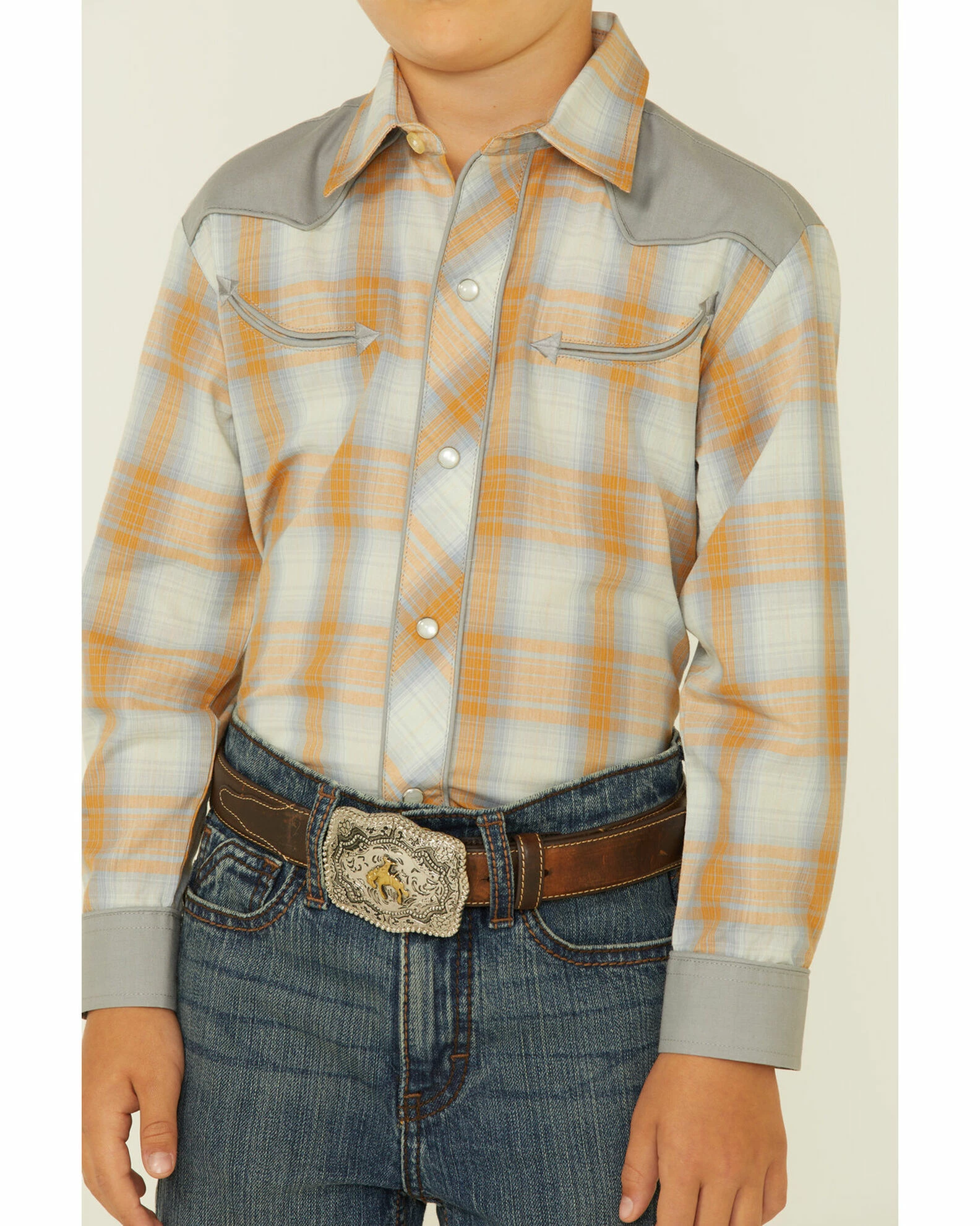Roper Boys' Orange Plaid Contrast Yoke Long Sleeve Snap Western Shirt Grey 5 Roper Boys' Orange Plaid Contrast Yoke Long Sleeve Snap Western Shirt Grey - Image 3
