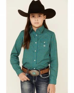 Roper Amarillo Girls' Sweet Water Teal Foulard Geo Print Long Sleeve Western Shirt