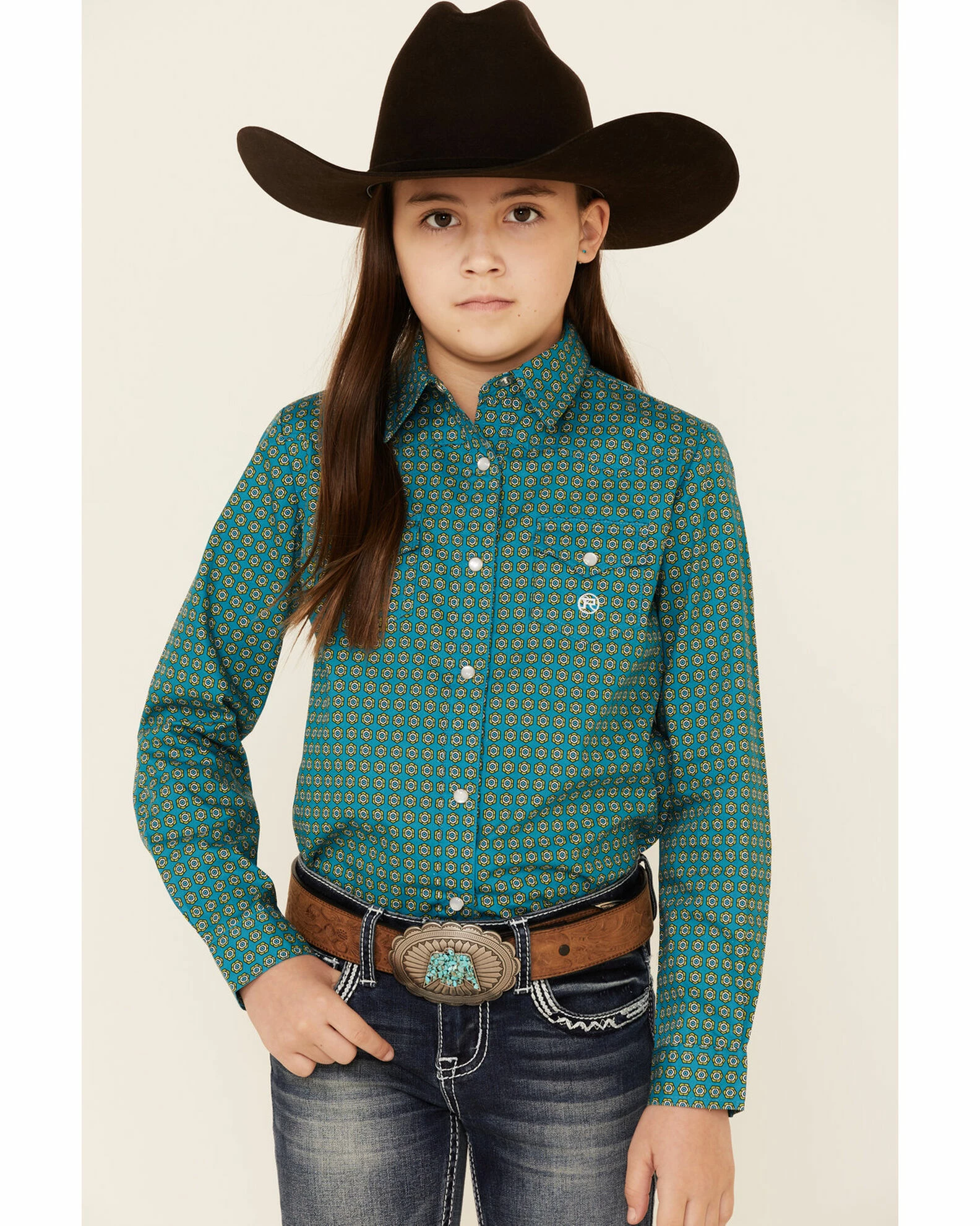 Roper Amarillo Girls' Sweet Water Teal Foulard Geo Print Long Sleeve Western Shirt 3 Roper Amarillo Girls' Sweet Water Teal Foulard Geo Print Long Sleeve Western Shirt