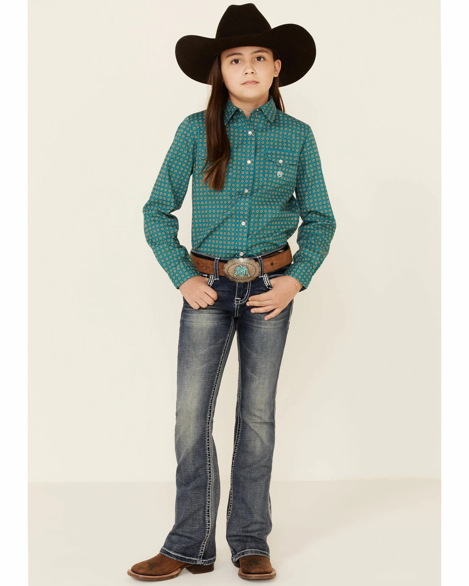 Roper Amarillo Girls' Sweet Water Teal Foulard Geo Print Long Sleeve Western Shirt 4 Roper Amarillo Girls' Sweet Water Teal Foulard Geo Print Long Sleeve Western Shirt - Image 2