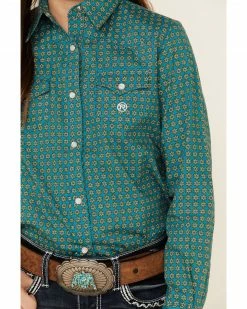 Roper Amarillo Girls' Sweet Water Teal Foulard Geo Print Long Sleeve Western Shirt 8 Roper Amarillo Girls' Sweet Water Teal Foulard Geo Print Long Sleeve Western Shirt -Roper Shop 2000332638 442 P3
