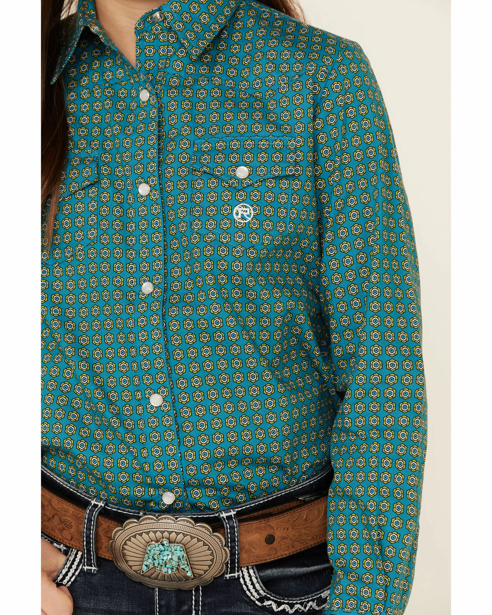 Roper Amarillo Girls' Sweet Water Teal Foulard Geo Print Long Sleeve Western Shirt 5 Roper Amarillo Girls' Sweet Water Teal Foulard Geo Print Long Sleeve Western Shirt - Image 3