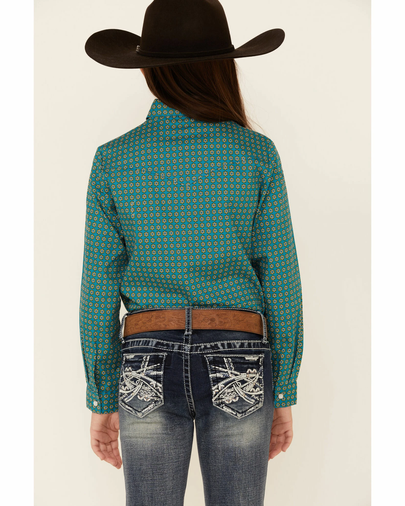 Roper Amarillo Girls' Sweet Water Teal Foulard Geo Print Long Sleeve Western Shirt 6 Roper Amarillo Girls' Sweet Water Teal Foulard Geo Print Long Sleeve Western Shirt - Image 4