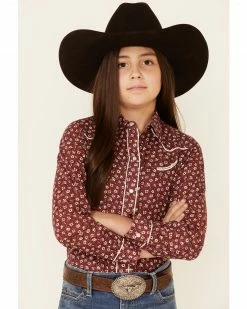 Roper Girls' Burgundy Floral Print Long Sleeve Snap Western Shirt
