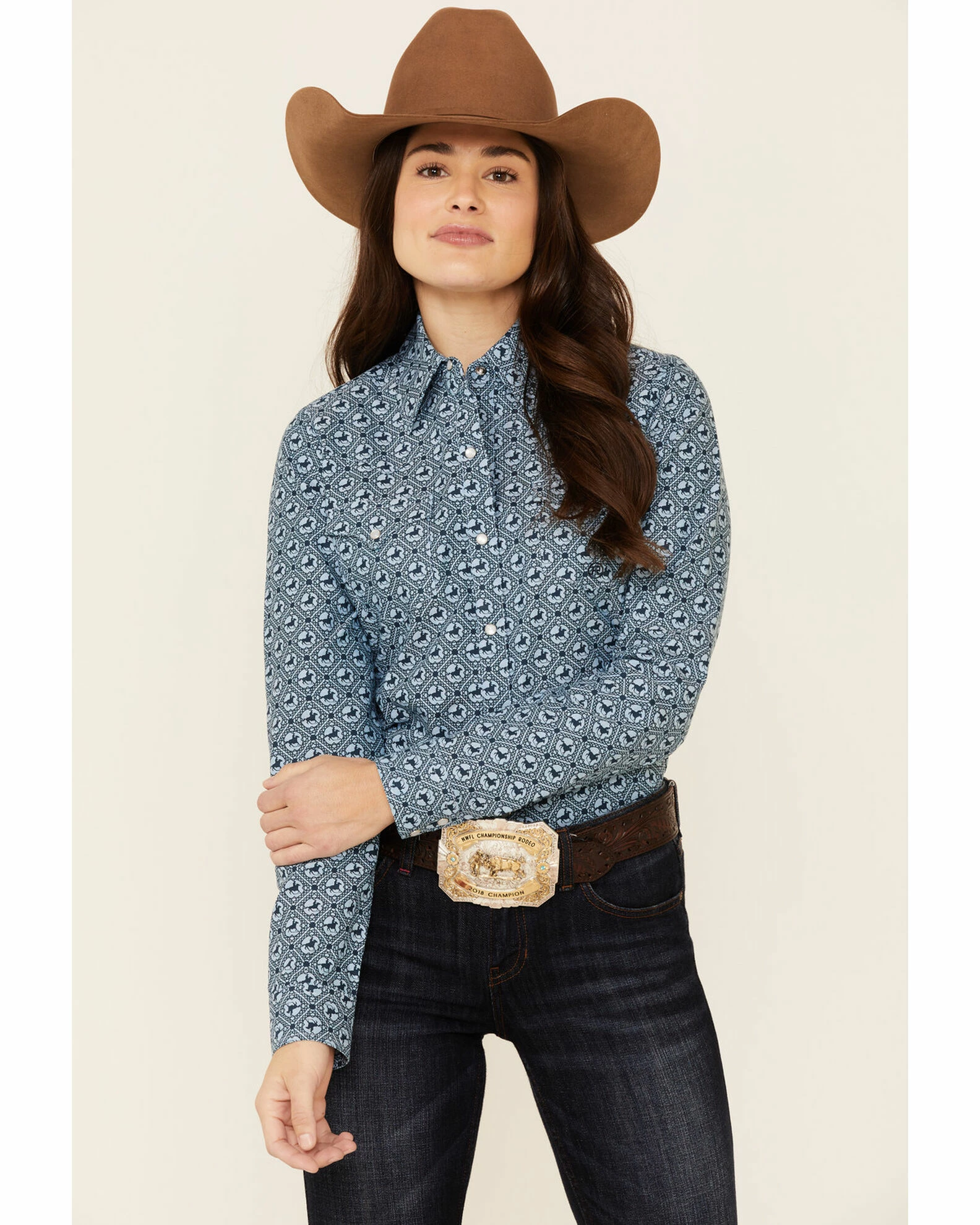 Roper Amarillo Women's Oxford Horse Print Long Sleeve Snap Western Shirt 3 Roper Amarillo Women's Oxford Horse Print Long Sleeve Snap Western Shirt