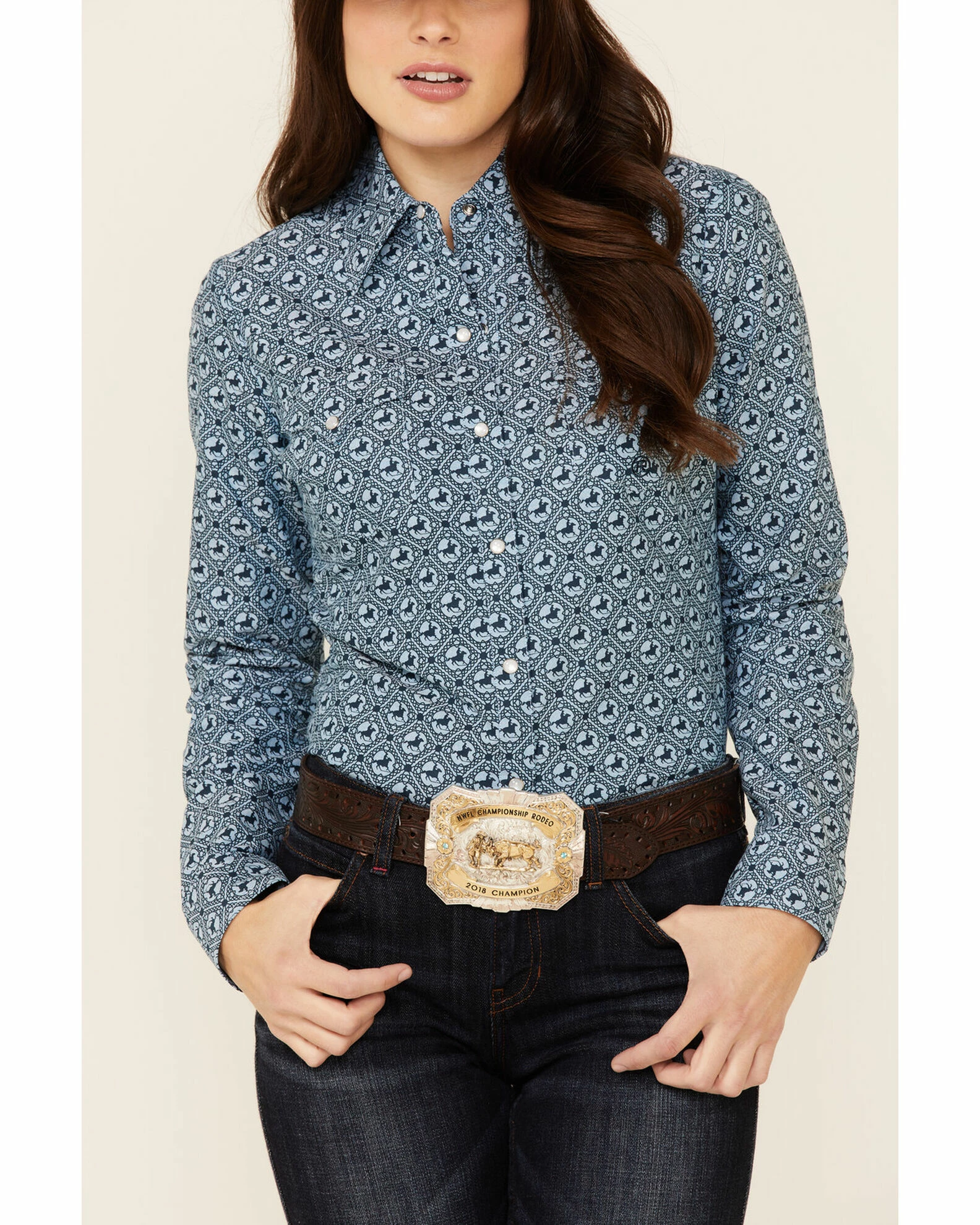 Roper Amarillo Women's Oxford Horse Print Long Sleeve Snap Western Shirt 5 Roper Amarillo Women's Oxford Horse Print Long Sleeve Snap Western Shirt - Image 3