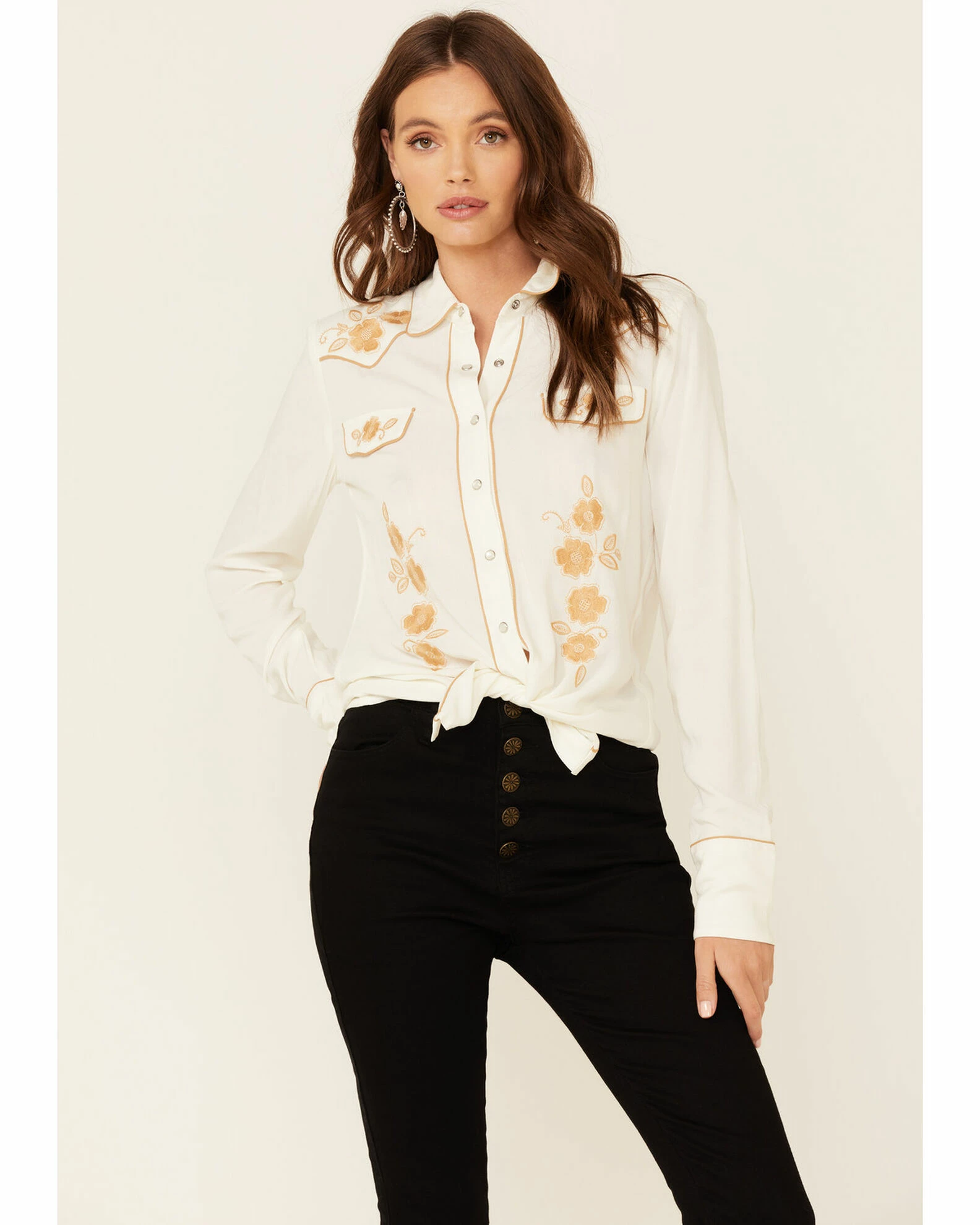 Roper Stetson Women's White Poly Crepe Retro Embroidered Long Sleeve Snap Western Shirt 3 Roper Stetson Women's White Poly Crepe Retro Embroidered Long Sleeve Snap Western Shirt