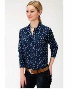 Roper Women's Feather Print Long Sleeve Snap Western Shirt Navy -Roper Shop 2000333401 001 P1 1